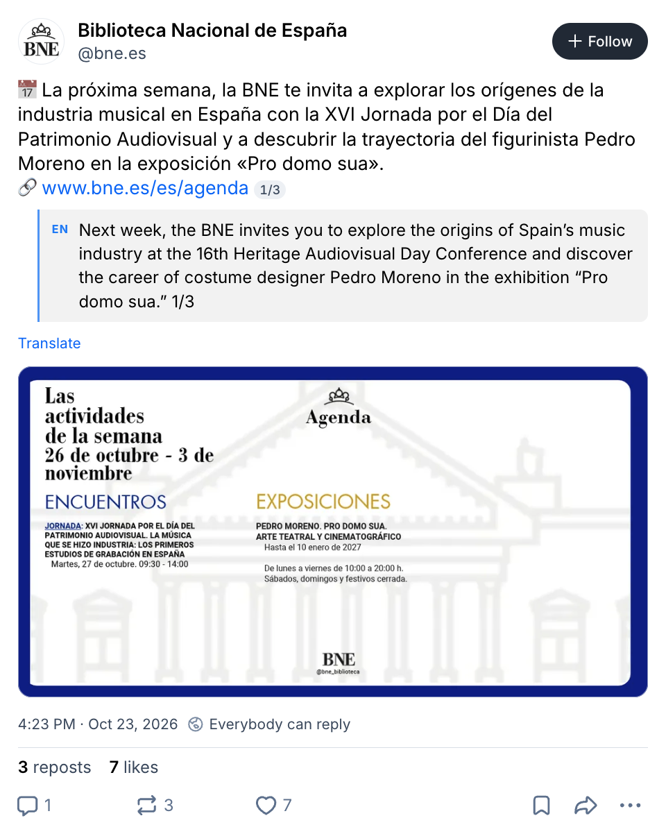 A Spanish post from the Biblioteca Nacional de España on Bluesky, with its English translation shown directly below the original text.