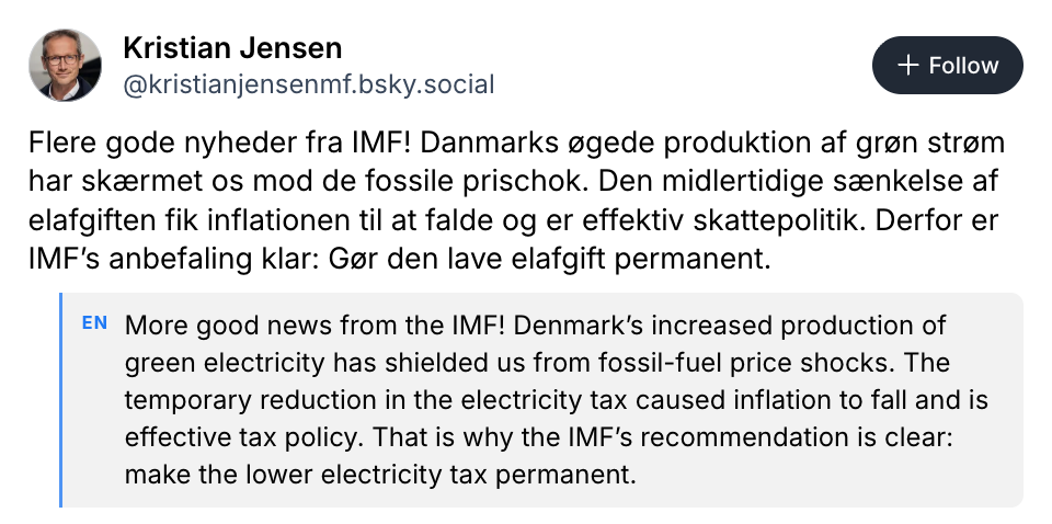 A Danish post from Kristian Jensen about electricity tax on Bluesky, with its English translation below.
