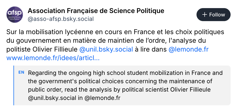A French post from the Association Française de Science Politique on Bluesky, with its English translation below; the mentions are kept.
