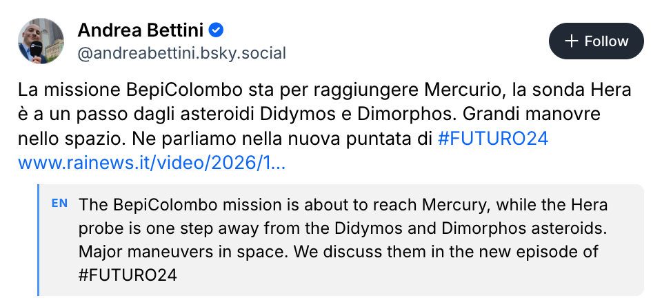 An Italian post from Andrea Bettini about the BepiColombo mission on Bluesky, with its English translation below.